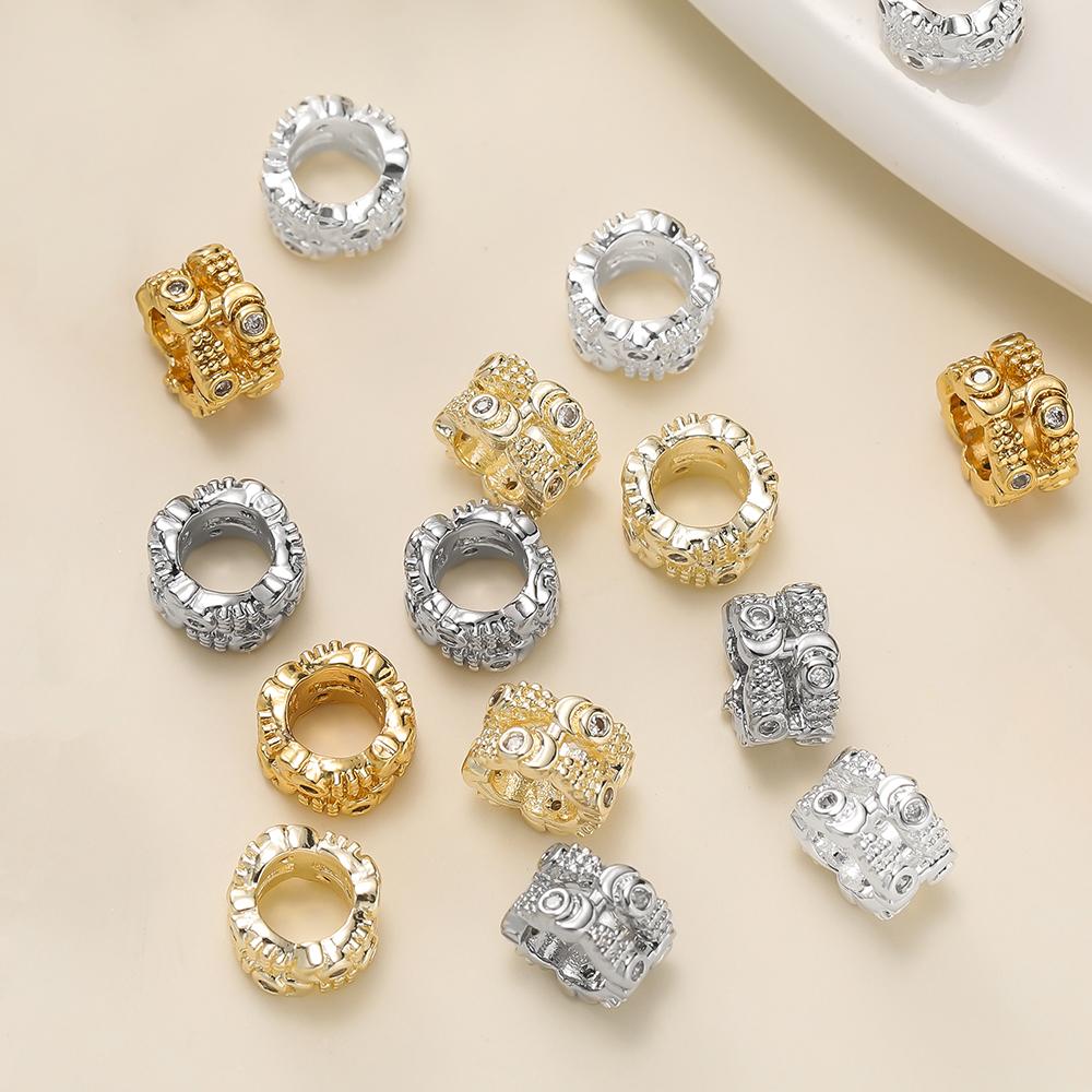 2Pcs/Pack 14/18k Gold Color Plated Big Hole Round Spacer Beads With Zircon for DIY Jewelry Bracelet Necklace Making Accessories