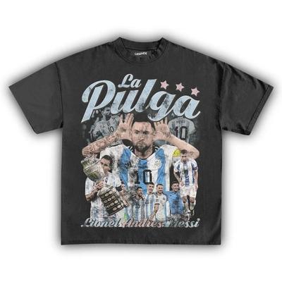Lionel Messi "La Pulga" Argentina 3-Star Vintage Bootleg T-Shirt, Unisex National Team Soccer Fan Streetwear Tee, 100% Cotton Oversized Casual Top