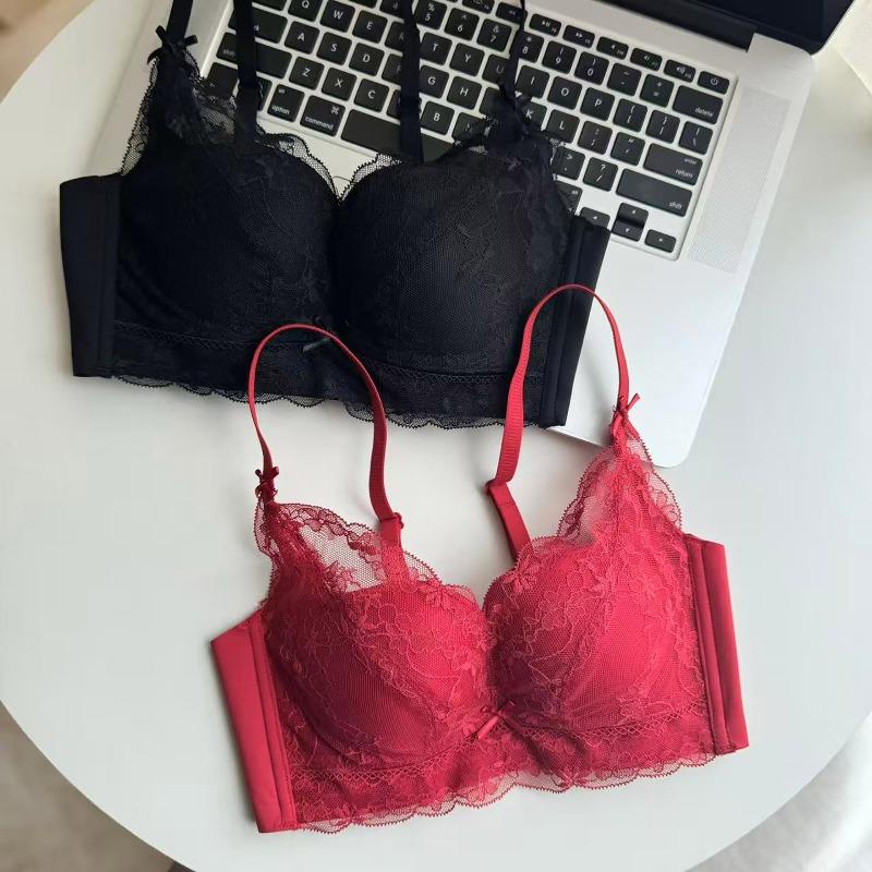 New Lace Modal Skin-friendly No Steel Rim Gathering Underwear Comfortable Small Breasts Show Big Bra Red Wedding Life
