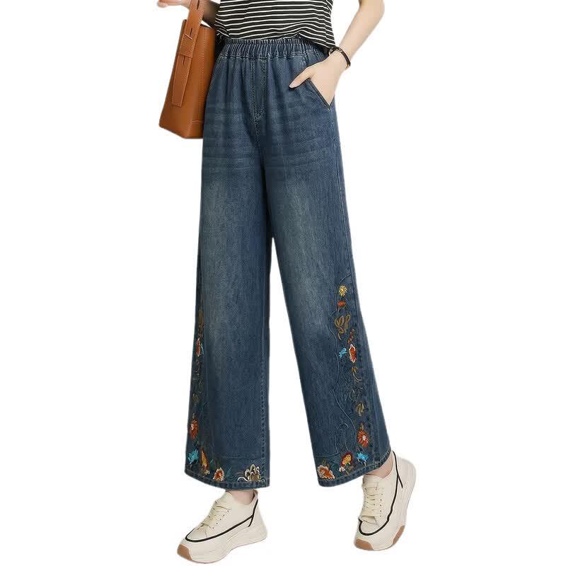 Pantalon en jean large taille haute brodé ample pour femme Fengxiao