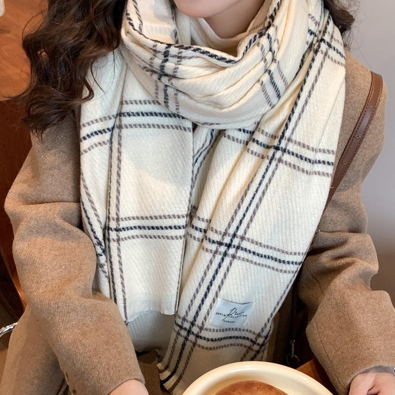 White plaid scarf women's autumn and winter new high-end warm and thickened imitation cashmere shawl dual-purpose scarf