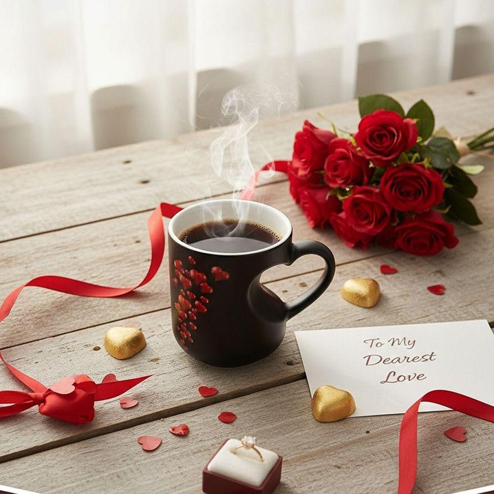 Heart Handle Design Color Changing Cup Ceramic Material Thermochromic Mug  Romantic Occasions