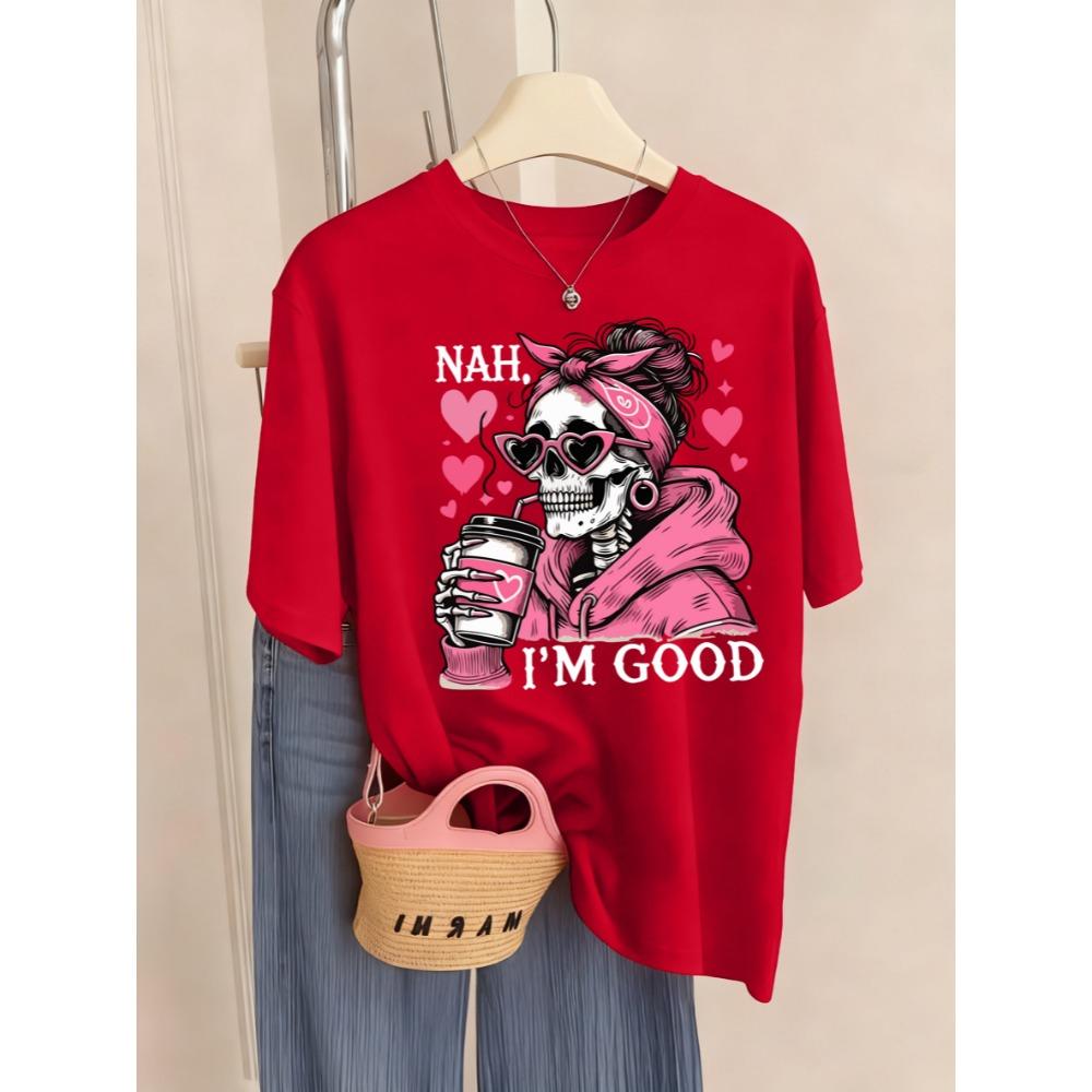I'M Good Coffe Heart Skulls Print T-Shirt Women Summer Breathable T Shirts Jogging Short Sleeves Trendy Streetwear