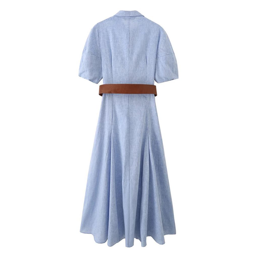 European and American Style, New Women's Clothing, Foreign Style Bubble Sleeve Lapel with Belt Linen Dress