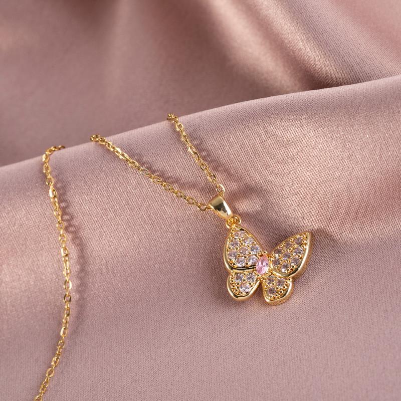 Luxury Zircon Butterfly Pendant Necklace Stainless Steel Fashion Simple Choker Jewelry Birthday Gifts For Women Girls
