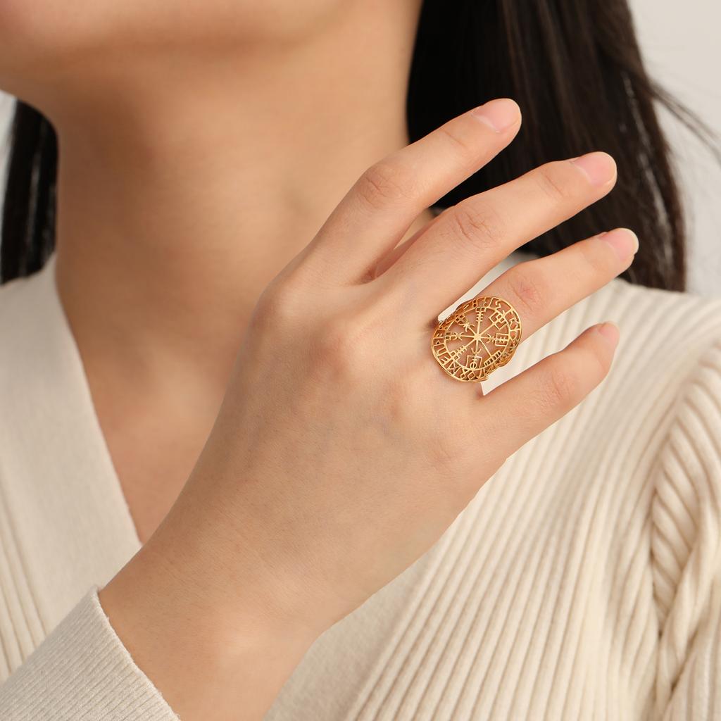 Dreamtimes Wikinger Kompass Ringe für Männer Nordisch Edelstahl Offen Verstellbarer Ring Nordische Schmuckstücke mit Runen Keltisch Heidnisch Geschenk