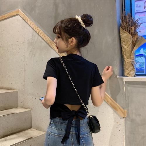 Short-sleeved t-shirt women's clothes summer new Spice Girl halter bow leaking back short design top trendy
