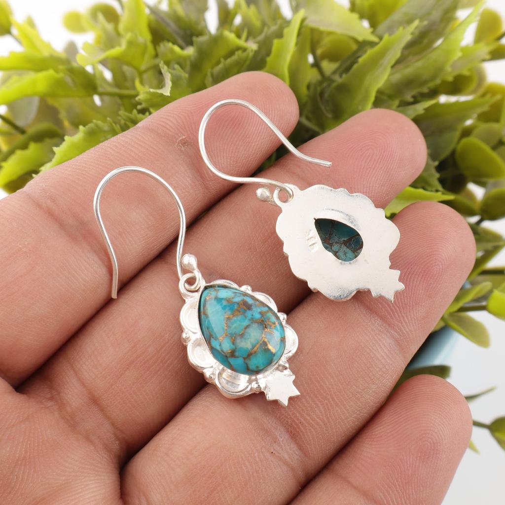 Blaue Kupfer Türkis Handgemachte Edelstein Ohrringe, 925 Sterling Silber Ohrringe Antiker Schmuck, Für Verlobungsgeschenk