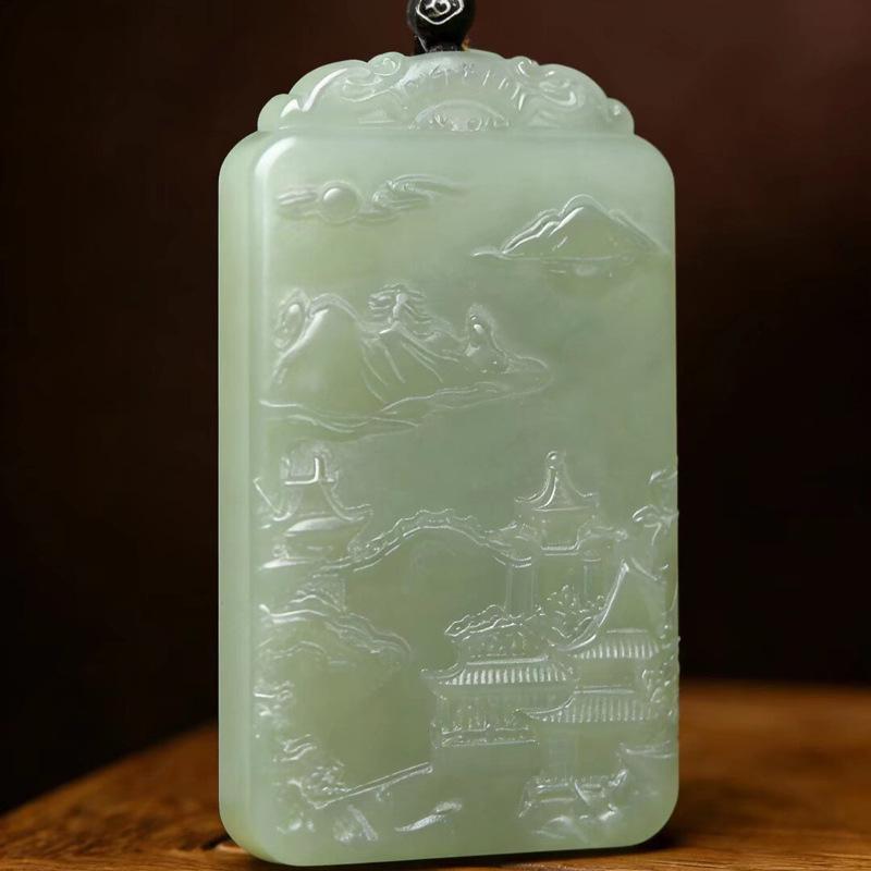 Qinghai Hetian Jade Double-Sided Carved Pendant: Wealthy Mountain Dwelling with Bridge & Stream Model B: 58x35x10mm