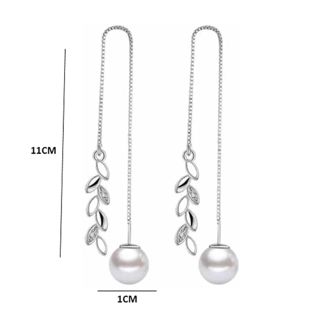 Серьги падения жемчуга серебряного цвета цепи листа имитированные длинные для женщин — фото 5