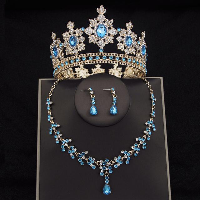 

Наборы свадебных украшений с цветами в стиле барокко и кристаллами для женщин, модные диадемы с короной, серьги и ожерелье, комплект невесты, выпускного вечера, Дубай, комплекты ювелирных изделий светло-синий