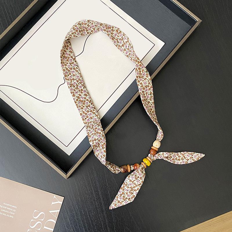 Retro Style Beaded Long Scarf Chain Necklace for Women Fashion Accessories Necklace Scarf Hijab Tie Bag Handle Ribbon Hairband