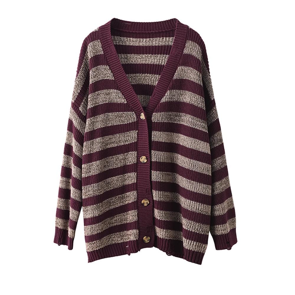 DIMANAF 2025 Winter New Striped Cardigan Jacket Women Sweaters Coat Wadded  Knitting Pockets Sweater