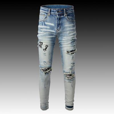 Jeans strappati slim fit ricamati di colore chiaro, stile europeo e americano, da uomo