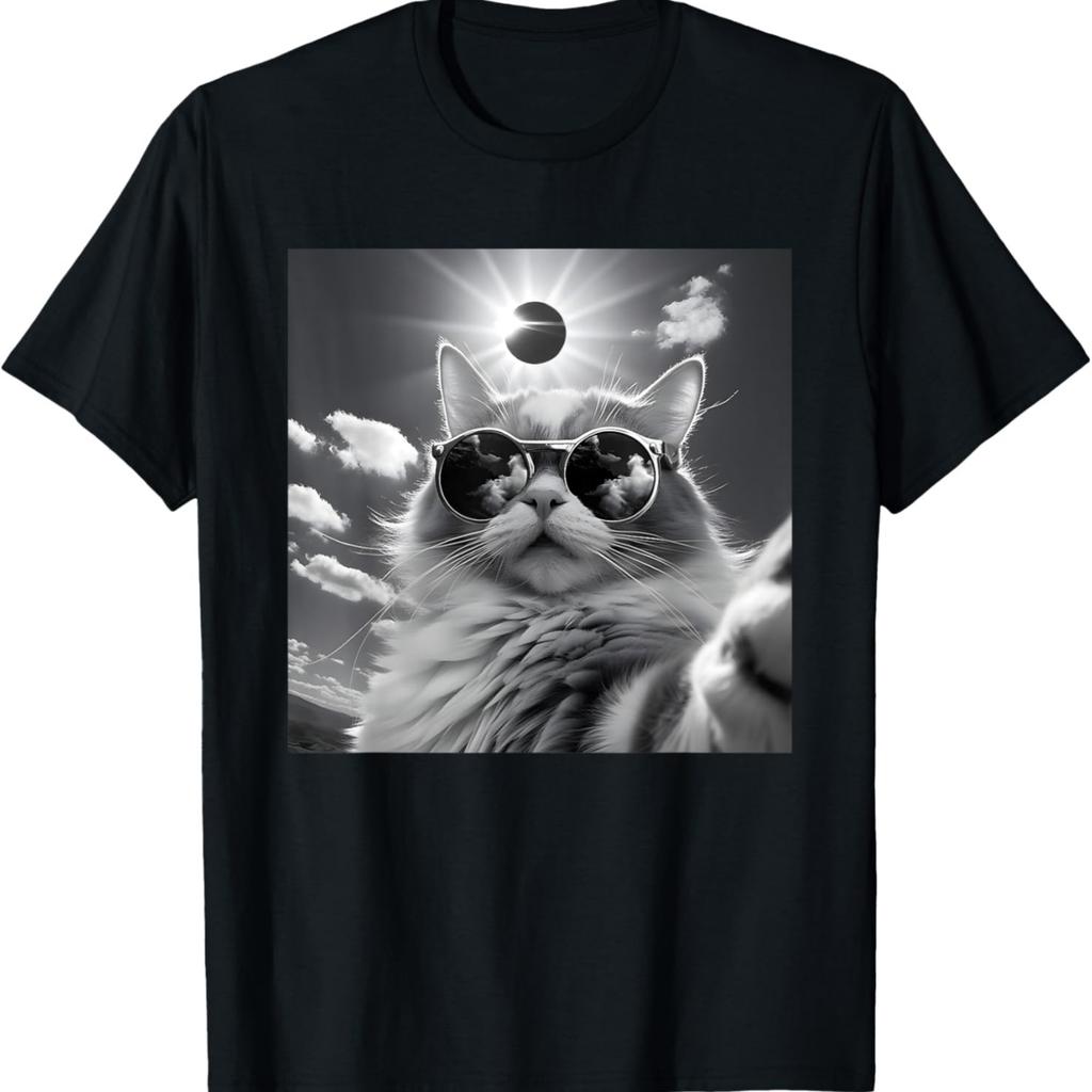 Funny Total Solar Eclipse April 8 2024 Cat Selfie Meme T-Shirt for Men Women Kids