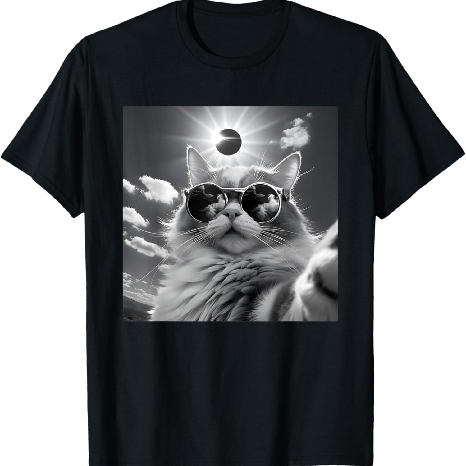 

Funny Total Solar Eclipse April 8 2024 Cat Selfie Meme T-Shirt for Men Women Kids S чёрный