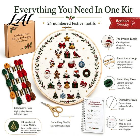 DIY Hand Embroidery Starter Kit 24 Days Christmas Tree Kit Sewing for Beginners Holiday Handmade Project Material Pack with Full Tools Ideal Gifts