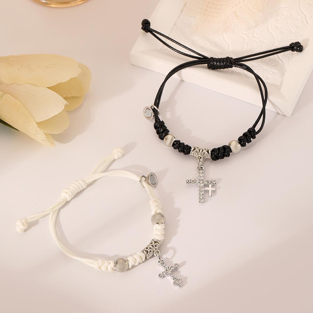 Magnetic Rhinestone Heart & Cross Pendant Adjustable Couple Bracelets (Set of 2)