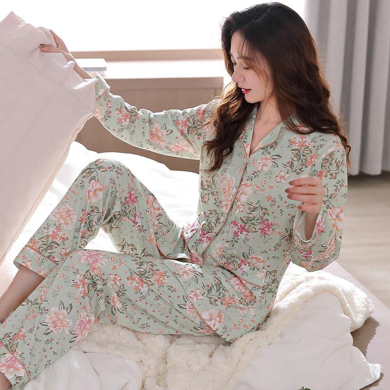 Pajamas Women'S Pure Cotton Long-Sleeved Mid-Autumn And Winter Cotton Large-Size Loungewear