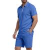 Men's Summer Breathable Waffle Knit Casual Loose Fit Two Piece Set Short Sleeve Polo Shirt with Zipper and Matching Shorts