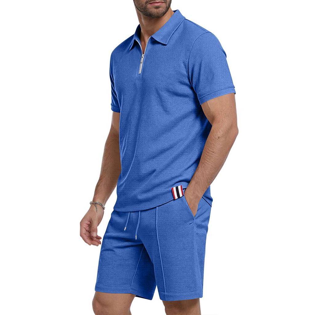 Men's Summer Breathable Waffle Knit Casual Loose Fit Two Piece Set Short Sleeve Polo Shirt with Zipper and Matching Shorts