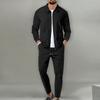 Men Waffle Texture Zipper Pocket Turn Down Collar Slim Fit Jacket Pants Set