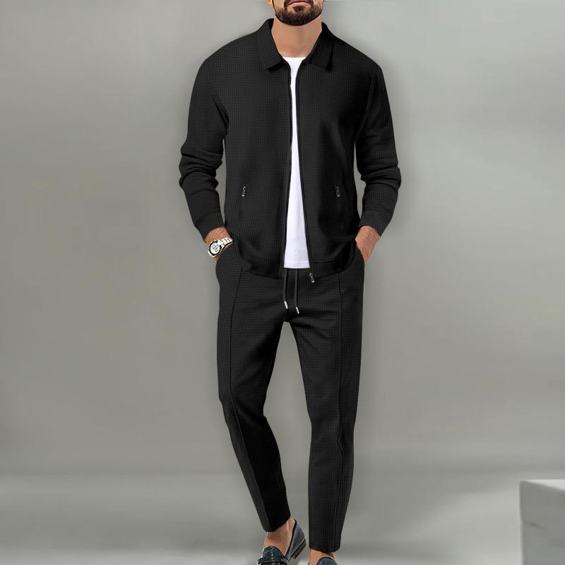 Men Waffle Texture Zipper Pocket Turn Down Collar Slim Fit Jacket Pants Set