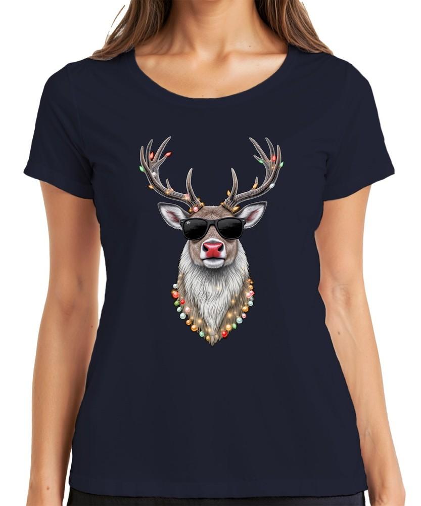 Christmas Reindeer Sunglasses String Lights Rudolph Cool Retro Ladies Tshirt S