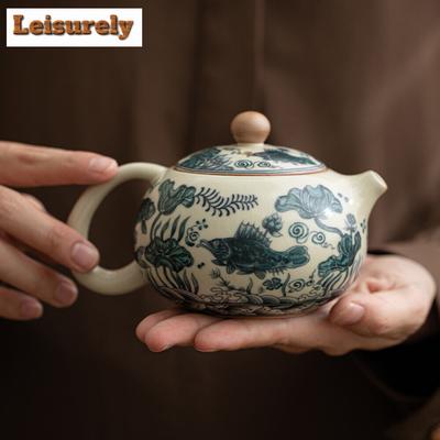 230ml Konvička Xishi se vzorem starověkých ryb a řas Imitace Song Ru Kiln Konvička na sypaný čaj s kulatým otvorem Konvice na vaření čaje Cha Collection