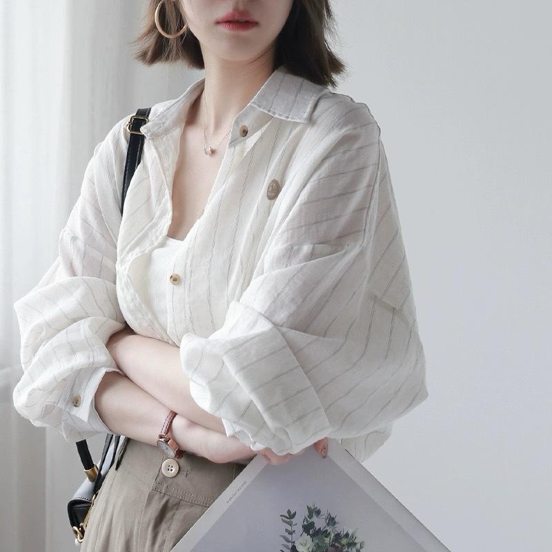 Loose Thin Striped Cotton Linen Long Sleeved Shirt, Mid Length Top S