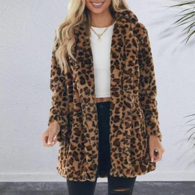 Fall Winter Women Coat Thick Plush Leopard Print Lapel Long Sleeve Windproof Cold-proof Mid Length Pockets Cardigan Lady Loose Overcoat