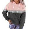 Women's Casual Drawstring Loose Long Sleeve Color Block Hooded Top