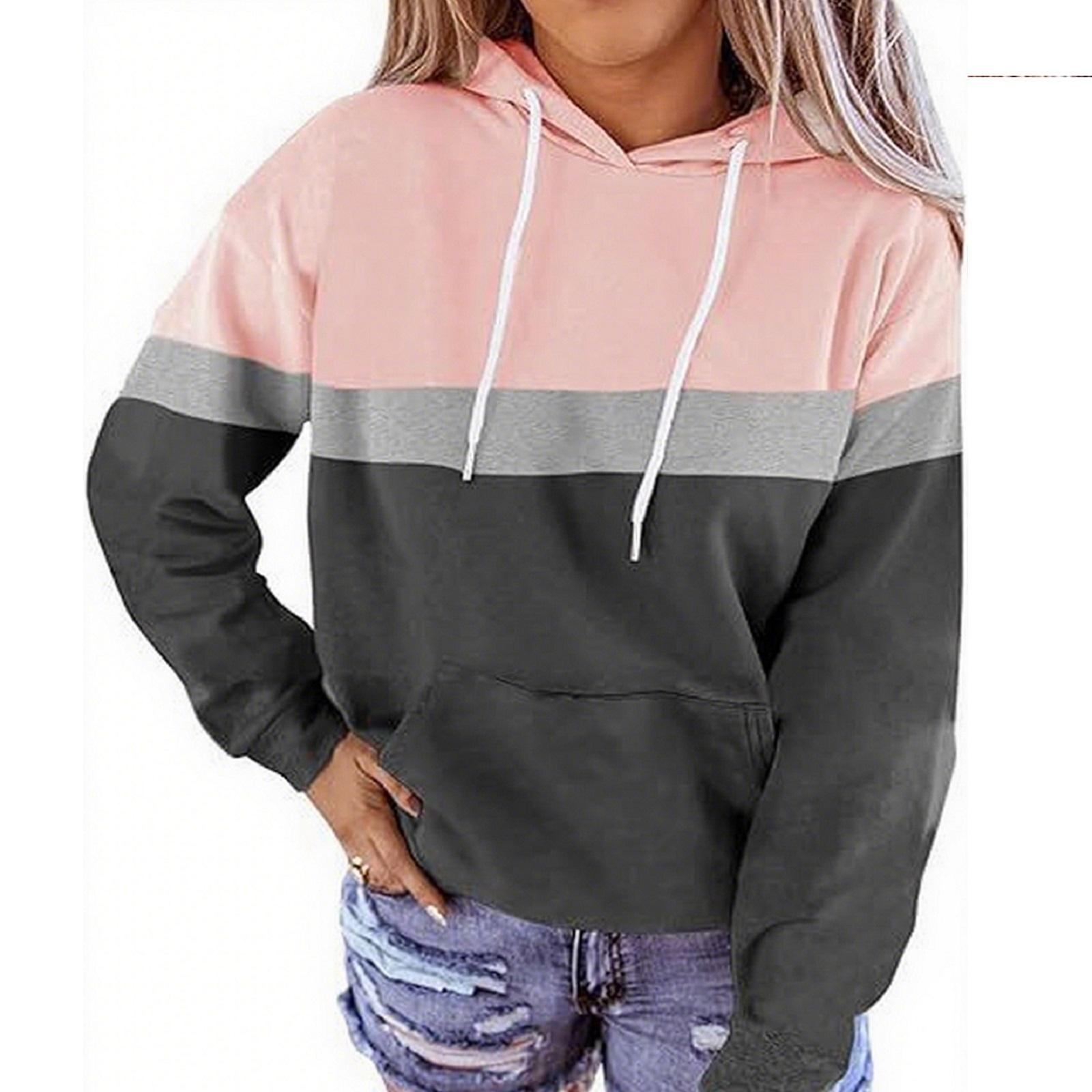 

Women s Casual Drawstring Loose Long Sleeve Color Block Hooded Top XXL чёрный