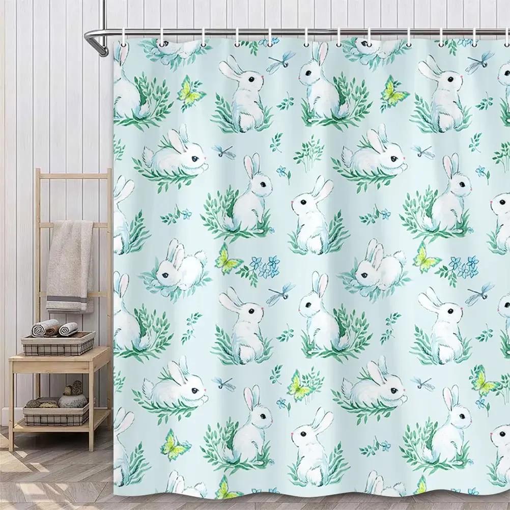 Happy Easter Bunny Shower Curtain Funny Rabbits Pink and Blue Eggs Bath Curtain Polyester Fabric Waterproof Bathroom Curtain Set