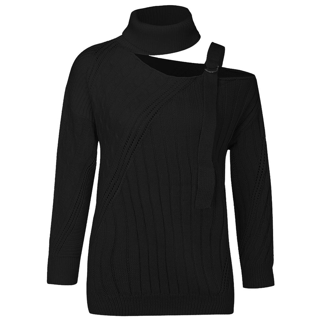 Women's  And Winter Casual Loose Solid Color Stitching Long-sleeved Stand Collar One Side Strapless Knit Sweater Top
