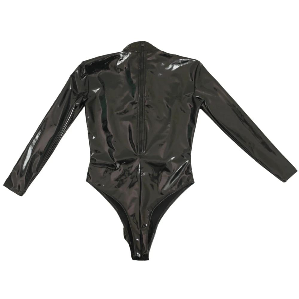 Sexy Men Pu Zipper Open Bust High Cut Bodysuit Tops U Bulge Pouch Sexy Tights Fashion Latex Maid Leotard Stage Dance Wear
