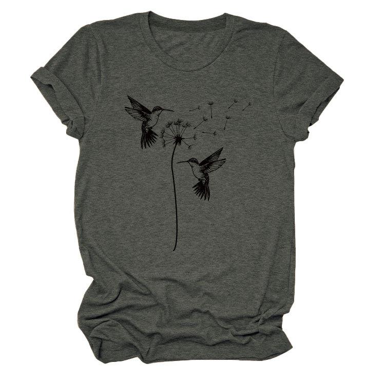 Sommer Rundhals Zwei Vogelmuster Druck Top Modische Lässige Kurzarm Damen T-Shirts