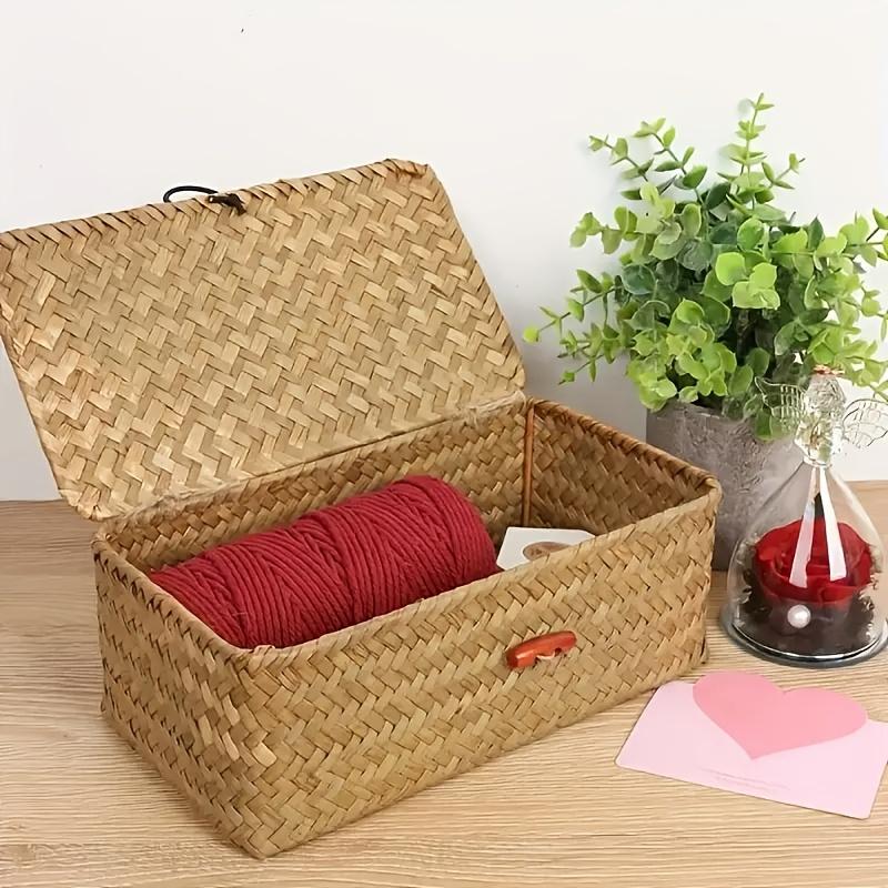 Hand-Woven Storage Basket with Lid - Rustic Organizer for Makeup, Desk & Office Supplies. Perfect Gift Box.