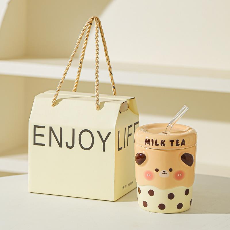 Cute Mug Couple Straw Cup with Lid Cup Gift Box Ceramic Cup Souvenir Birthday Gift Girl Practical