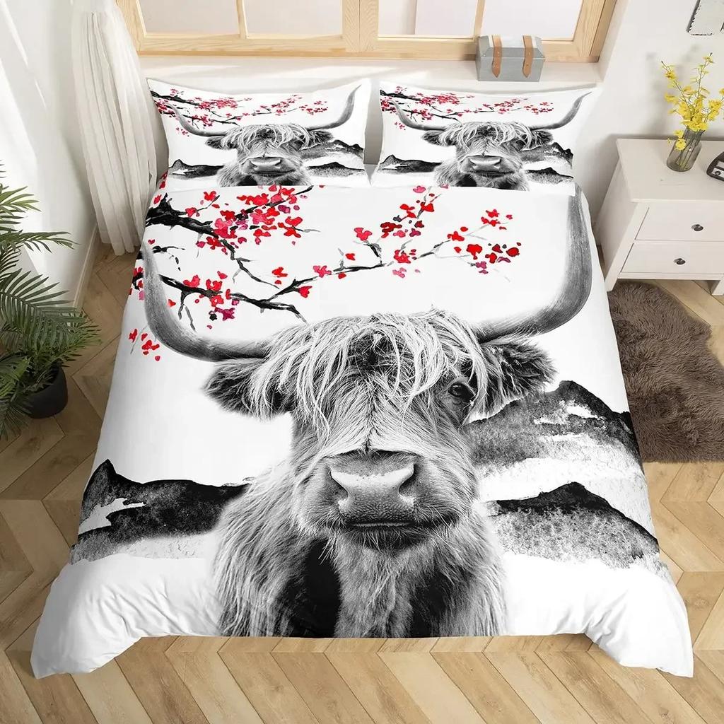 Highland Cattle Cute Floral Cow Yellow Sunflower Comfortable Duvet Quilt Cover Pillowcase Bedding Set Children Home Textile