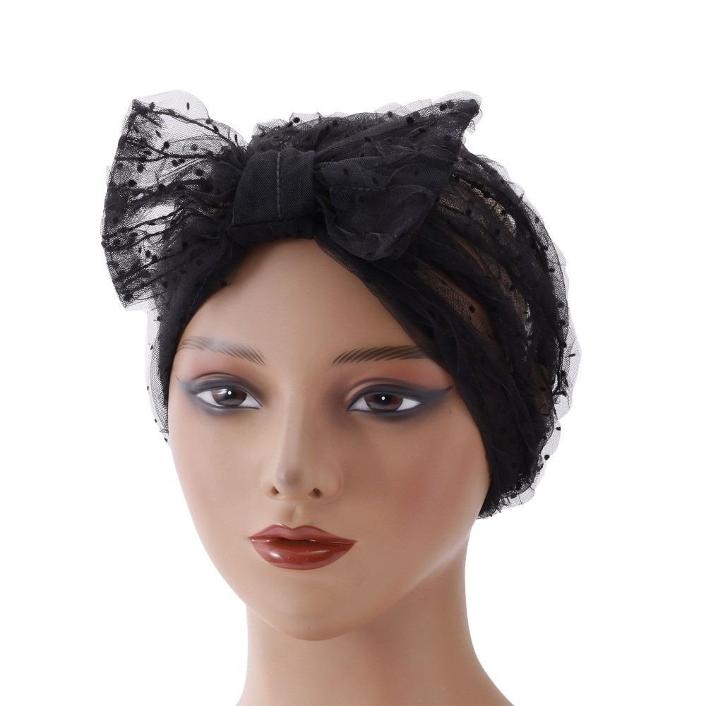 

Breathable Fabric Polka Dot Mesh Bonnet Folded Design Wrinkle Lace Women Headscarf Hat Chic Turban Beanie Cap Summer Season чорний