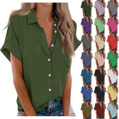 Chemises à manches courtes pour femmes, couleur unie, chemisier boutonné décontracté, hauts avec poche poitrine