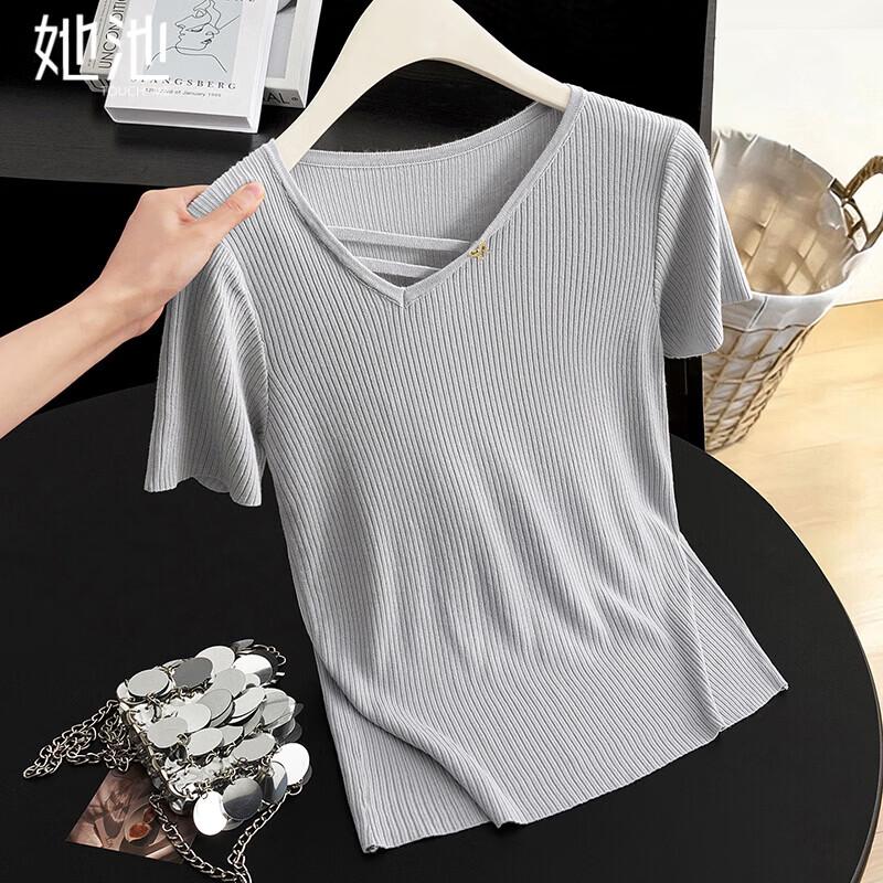 Women s Irregular V-Neck Ice Silk Knit T-shirt M серый