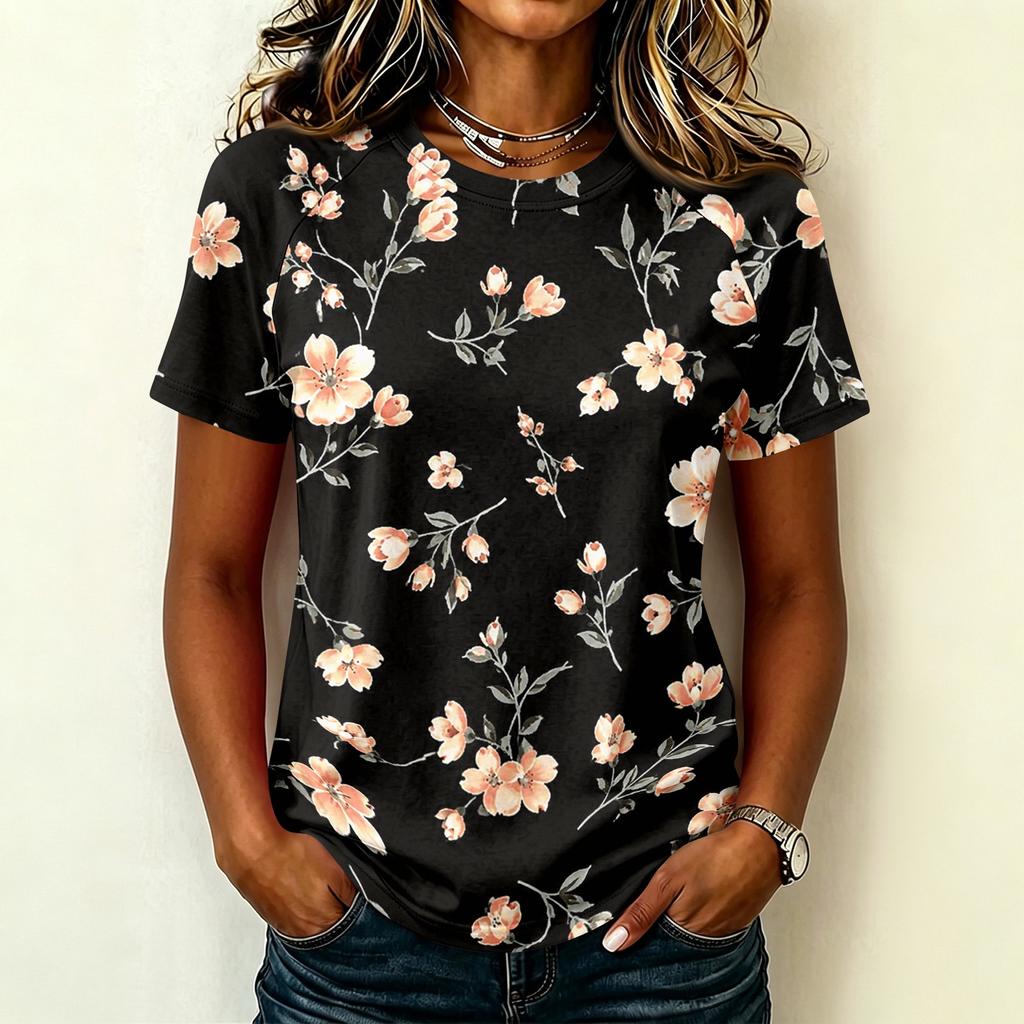 Womens Casual Raglan Sleeve Crew Neck Short Sleeve Top Floral Print Lightweight Comfortable Fit