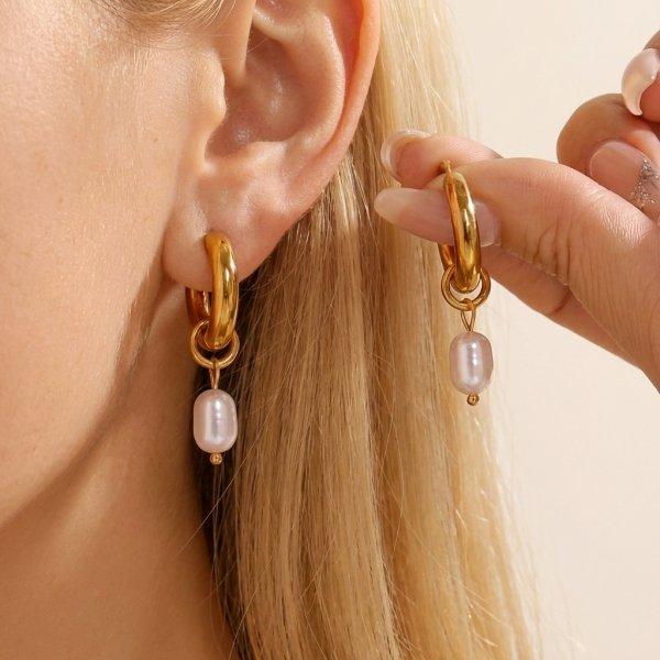 Minimalist Stainless Steel Waterproof Gold Hoop Earrings Asymmetric Baroque Pearl Drop Dangle Earrings for Women Jewelry