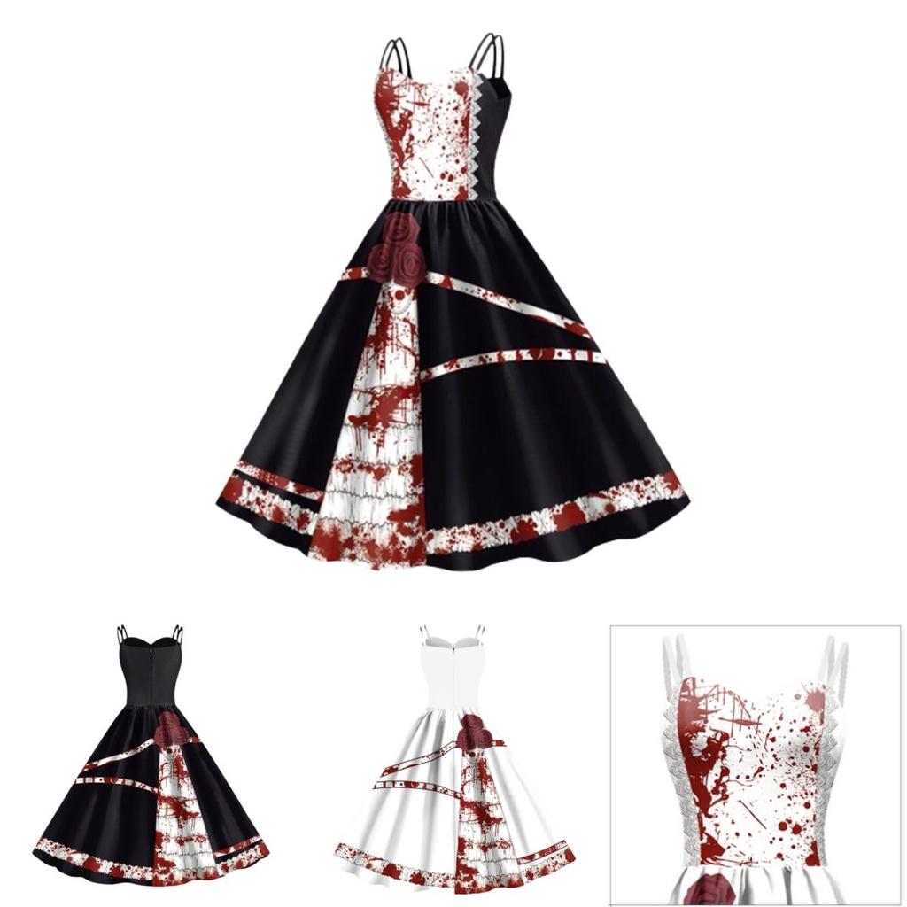 Jialin Halloween Dress For Women Scary Printed Sleeveless Costume Dress Summer)