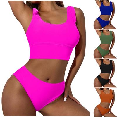 Damen Bademode Damen Einfarbig Mode Bikini Sexy High Waist Sport Zweiteiliger Bikini Shorts Set Damen Badeanzug Kurz
