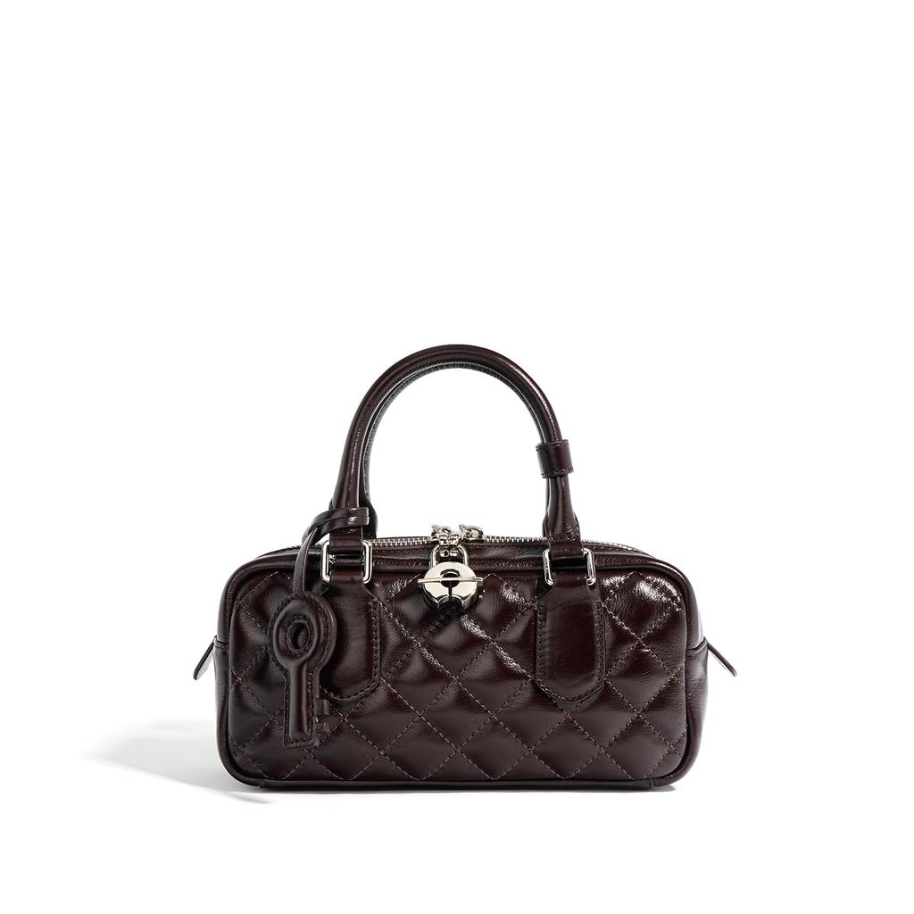 Genuine Leather Bost Pillow Bag, Women's New Diamd Checkered Crossbody Bag, Top Cowhide Bowling Bag Handbag