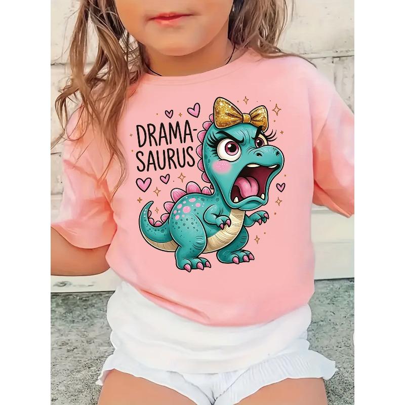 Girls Crewneck Short Sleeve T-Shirt, Summer Dinosaur & "drama" Letter Print, Trendy Versatile Casual Kids Top