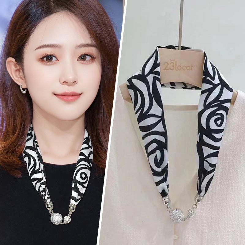 Women's Magnetic Buckle Silk Scarf - Fashionable Neck Protection for Spring, Summer, and Autumn
